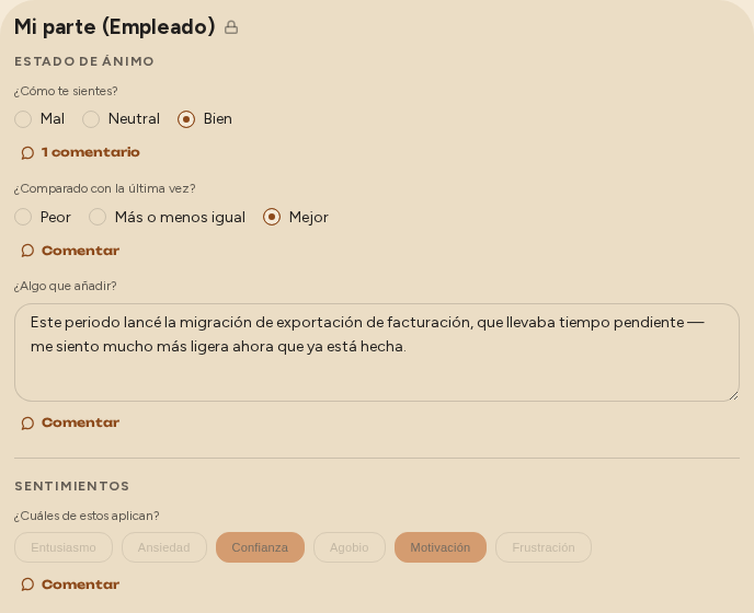 Una reunión 1 a 1 real de encrypted1on1: estado de ánimo y sensaciones respondidos, un hilo de comentarios abierto, y un icono de candado que marca este lado como cifrado de extremo a extremo.