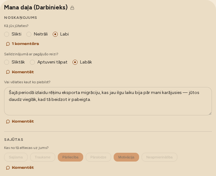 Reāla encrypted1on1 anketa: atbildēts uz noskaņojuma un sajūtu jautājumiem, atvērts viens komentāru pavediens, un piekaramās atslēgas ikona atzīmē šo pusi kā šifrētu no gala līdz galam.